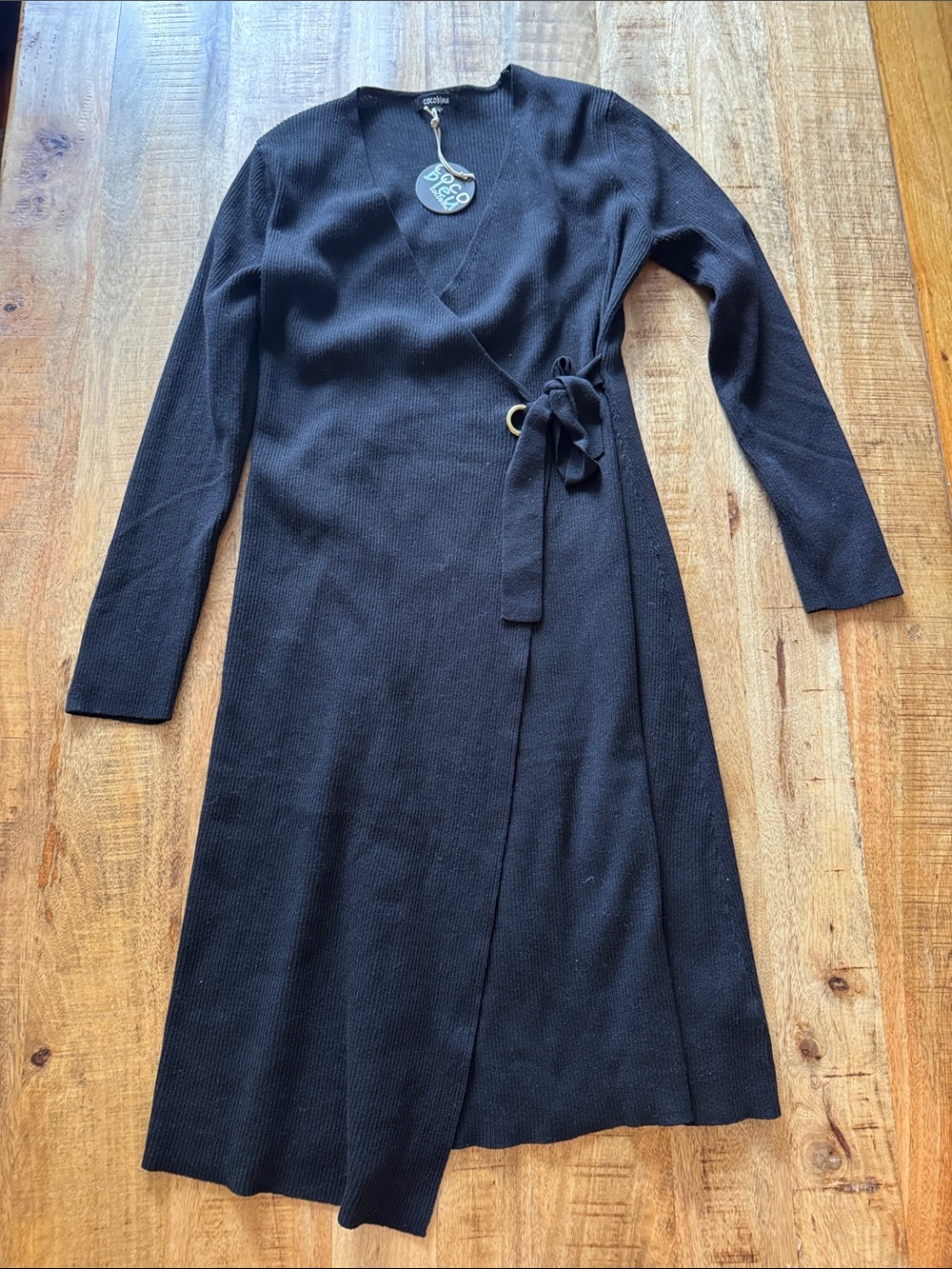 Cocobleu Coco Bleu Black Long-Sleeve Ribbed Wrap Midi sweater dress w/ Ring Tie